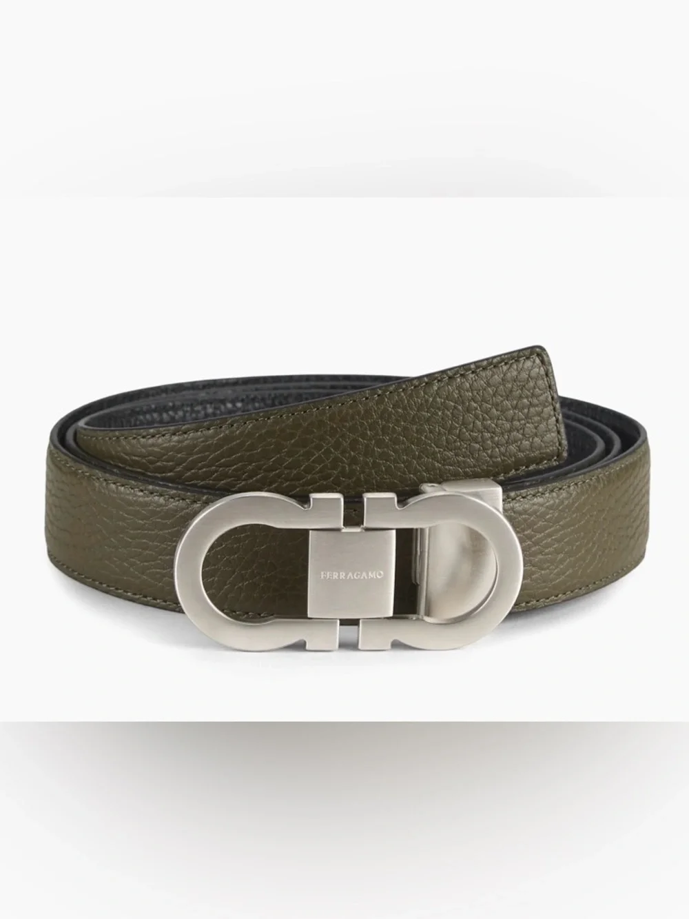 Salvatore Ferragamo Olive Leather Belt with Silver Gancini Buckle